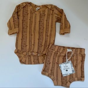 Kate Quinn long sleeve onesie bloomers set birch tree tan orange neutral